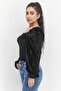 Women Square Neck Long Sleeve Velvet Top, Black - 2