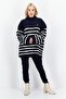 Women High Neck Long Sleeve Stripe Sweater, White - 2