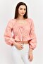 Women Tie Neck Long Sleeve Plain Crop Top, Pink