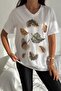 Women's White V-Neck Large Size Leaf Sequin Sequin Embroidered 100% Cotton Large Size T-Shirt - 3