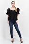 Women Queen Ann Neck Short Sleeves Plain Blouse, Black - 2
