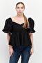 Women Queen Ann Neck Short Sleeves Plain Blouse, Black