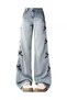 Y2K Ribbon Detail Wide-Leg Washed Jeans