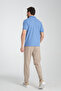 Walfer Men's Blue 100% Cotton Waffle Non-Shrink Fabric Slim Fit Non-Curling Polo Collar T-Shirt - 5