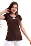 22484874 Krinkle Hemline Pompom Madonna Collar Short Sleeve Blouse BROWN