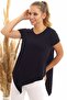 20060632 Viscose V-Neck Asymmetrical Short Sleeve Blouse Black