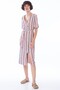 8331276 Linen Striped Side Button Short Sleeve Dress Dark Red