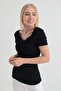 91515270 Ribbed Knit Front and Back V Lace Short-Sleeved Blouse Black - 2
