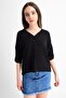 9182879 Kobe Collar Tie Capri Sleeve Blouse Black - 4