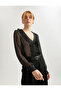 Polka Dot Semi Sheer Ruffle Detail Long Sleeve Button V Neck Chiffon Shirt