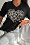 Women's Black V-Neck Plus Size Heart Pattern Sequin Sequin Embroidered 100% Cotton Plus Size T-Shirt - 2
