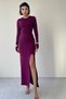 Women's Stretchy Plum Sandy Fabric Midi Evening Dress with Drawstring and Tie-Up Detail 328 - 4