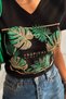 Women's Black V-Neck Tropical Leaf Sequin Sequin Embroidered 100% Cotton T-Shirt - 2