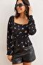 Women's Black Square Neck Viscose Blouse with Guiped Waist Blz- 19002820 - 4