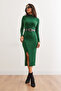 Women's Emerald Green Turtleneck Belted Slit Twisted Midi Dress Elb-19002294 - 4