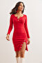 Women's Red Button Detailed Slit Raster Stretchy Dress Elb- 19002307 - 6
