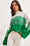 Women's Green Wave Patterned Color Transitional Knitwear Sweater Kzk- 19000950