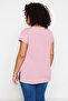 Pembe Relaxed V Yaka Yırtmaçlı %100 Pamuk Örme T-Shirt TBBSS22BF0036 - 5