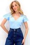 Baby Blue Front and Back V-Neck Openwork Shoulder Knitwear Blouse Alc-X13381