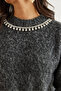 Women's Anthracite Necklace Detailed Soft Textured Raster Pullover Kzk- 19000958 - 5