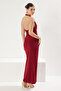 Bordo V Yaka Büzgü/Drape Detaylı Bodycone/Vücuda Oturan Esnek Maxi Örme Elbise TWOSS25EL00096 - 5