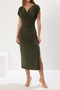 Haki Düz Büzgü / Drape Midi Büzgü Drape Detaylı Kruvaze Yaka  Örme Elbise TWOSS25EL00098 - 3