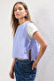 Mavi Yanları İp Detaylı Bisiklet Yaka Çizgili Crop Dokuma Bluz TWOSS25BZ00114