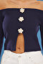 Navy Blue Floral Button Boat Neck Knitwear Sweater Twoss25Kz00000 - 4