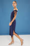 Navy Blue A-Line Asymmetrical Collar Midi Matte Satin Woven Dress Twoss25El00294 - 2