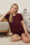 Bordo Kalpli Slogan Baskılı Lastikli Fitilli Şortlu Örme Pijama Takımı THMSS24PT00220 - 2