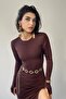 Women's Stretchy Sandy Fabric Back Drawstring and Low-Cut Lace-Up Hand-Held Midi Brown Dress 328 - 2