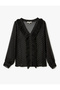 Polka Dot Semi Sheer Ruffle Detail Long Sleeve Button V Neck Chiffon Shirt - 3