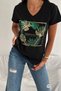 Women's Black V-Neck Tropical Leaf Sequin Sequin Embroidered 100% Cotton T-Shirt - 5