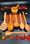 Natural Wood Kitchen Serving Spoon Colander Spatula Ladle Canister Set of 8 Handcrafted Dowry Set