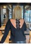 Women's Black Long Sleeve V-Neck Window Back Lace Detailed Thick Ribbed Camisole Blouse - 4