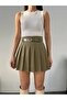 Khaki Full Pleated Belted Lined Shorts Women's Mini Skirt - 7