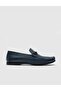 Genuine Leather Navy Blue Men's Loafer Shoes with Stitching Detail