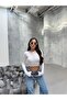 Women's White Cotton Long Sleeve Crew Neck Basic Crop Blouse
