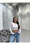 Women's White Cotton Long Sleeve Crew Neck Basic Crop Blouse - 5