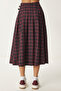 Belted Checkered Flared Woven Skirt Bordo Black Lns0015 - 6