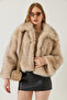 Women's Beige Gray Collared Faux Fur Lined Coat 38120 60251969 - 3