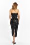 Black Strapless Faux Leather Midi Dress - 5