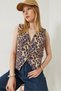 Women's Black Beige Leopard Patterned V-Neck Woven Vest 60261304 - 5