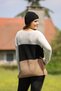 V-Neck Long Sleeve Striped Detail Asymmetrical Corduroy Long Bat Sleeve Three Color Block Knitwear Sweater - 2