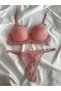 Women's Pink Lace Chain Detailed Underwire Supported Padded Bra Set Underwear Set - 6