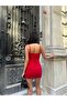 Women's Red Bodycon Mini Dress with Adjustable Straps and Draped Sides - 8