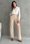Women's Cream High Waist Elastic Waist Velcro Palazzo Fabric Pants - 6
