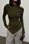 Women's Khaki Draped Boat Neck Asymmetrical Lycra Knitted Blouse - 4