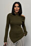 Women's Khaki Draped Boat Neck Asymmetrical Lycra Knitted Blouse - 2