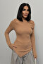 Women's Biscuit Draped Boat Neck Asymmetrical Lycra Knitted Blouse - 3